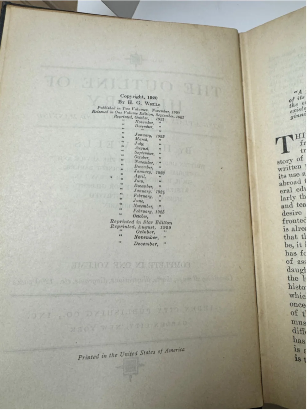 The Outilne Of History By H.G. Wells Complete In One Volume 1929 Hardcover No DJ